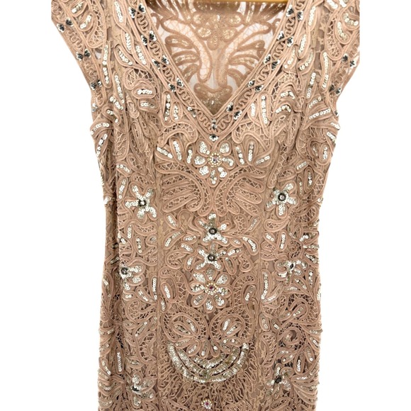 Sue Wong Nocturne Tan Soutache Sequin Floral V-Neck Cocktail Dress Size 12 - Picture 2 of 10